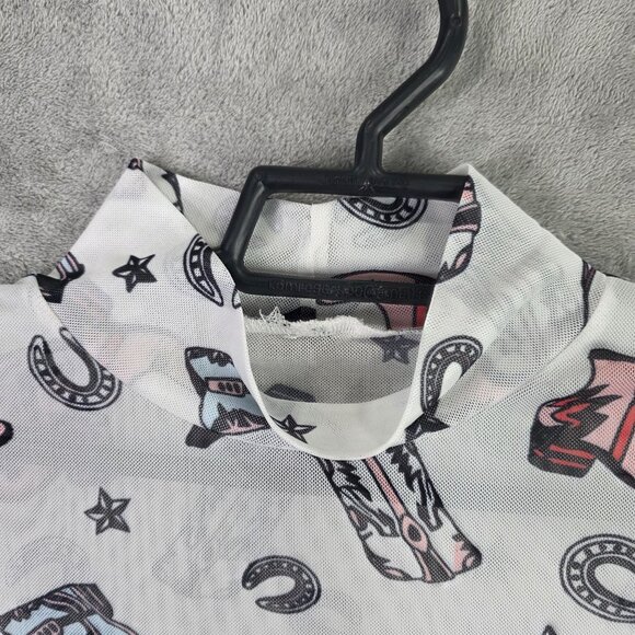 Womens Cowgirl Western Novalty Print Mesh Bodysuit Snap Closure Long Sleeve S - Picture 2 of 8